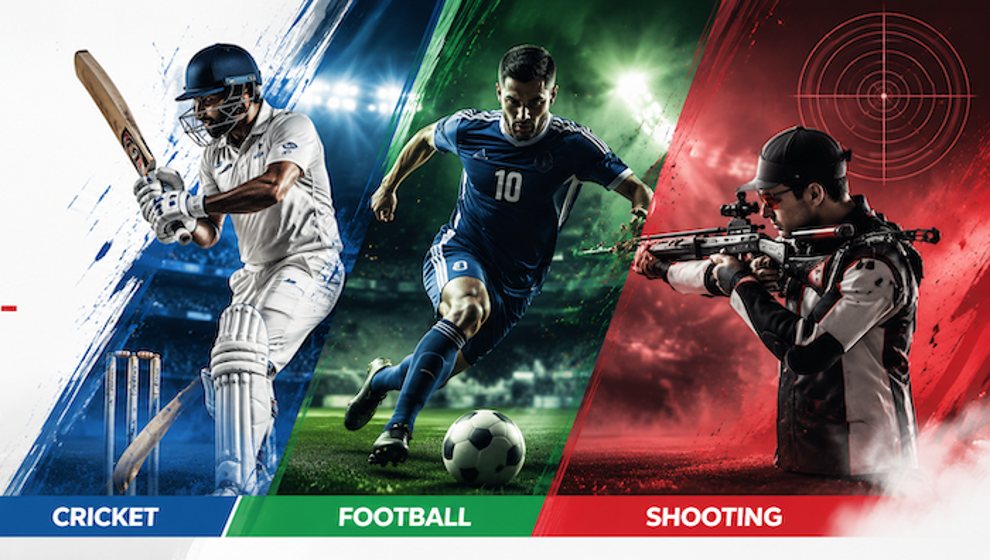 Cricket, football and shooting athletes in action